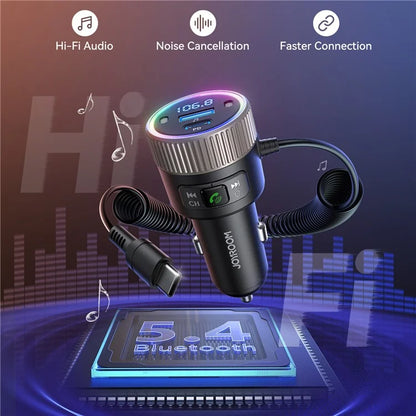 JOYROOM JR-CCB02 Black 60W Fast Charging Car Bluetooth Transmitter Audio Adapter with Spring Type-C Cable