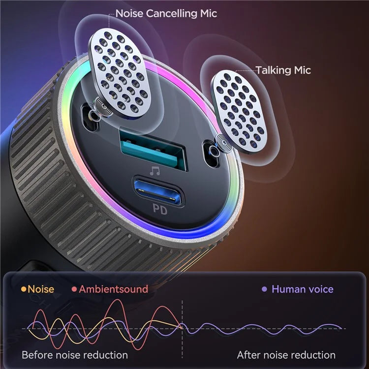 JOYROOM JR-CCB02 Black 60W Fast Charging Car Bluetooth Transmitter Audio Adapter with Spring Type-C Cable
