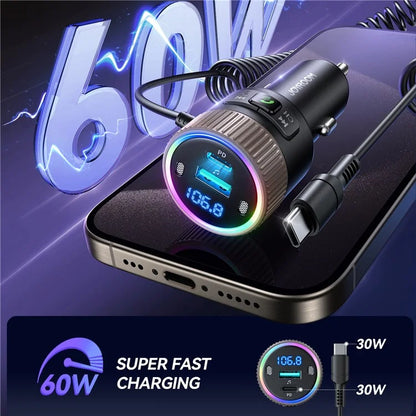 JOYROOM JR-CCB02 Black 60W Fast Charging Car Bluetooth Transmitter Audio Adapter with Spring Type-C Cable