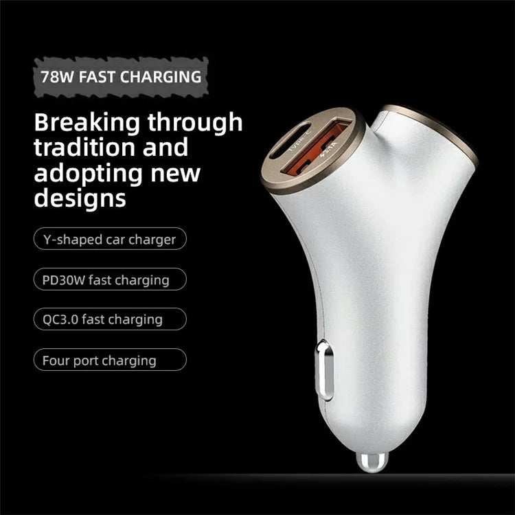 A2 78W Y-Shaped Car Charger 2 USB + 2 Type-C Phone Fast Charging Power Adapter