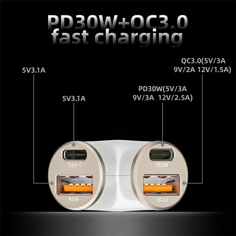 A2 78W Y-Shaped Car Charger 2 USB + 2 Type-C Phone Fast Charging Power Adapter