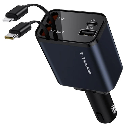RAMPOW 50W Car Charger USB + Type-C Output Charging Station with Retractable Type-C + 8-Pin Cables - Black