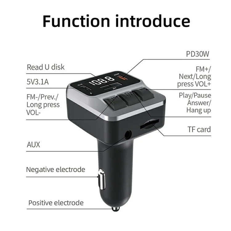 C65 Car Bluetooth FM Transmitter with Dual Type-C Port PD 30W Fast Charging Adapter