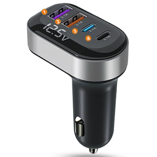 K33 USB-A + Type-C 4-Port Car Charger Fast Charging Adapter with Voltage Display