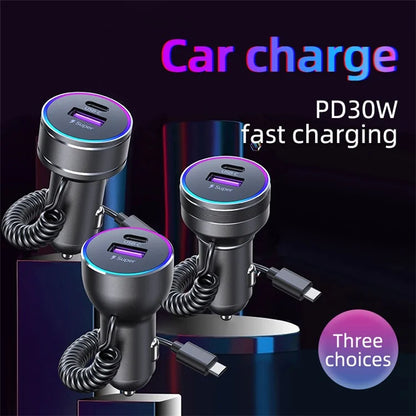 K16C Dual Ports Fast Charging Car Charger with PD 30W Type C Spring Cable