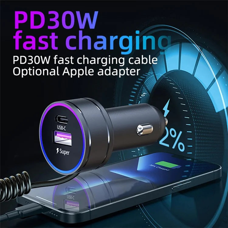 K16C Dual Ports Fast Charging Car Charger with PD 30W Type C Spring Cable