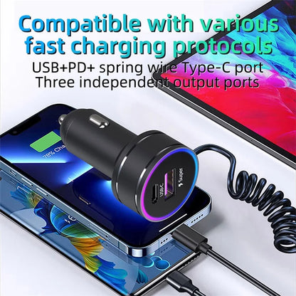 K16C Dual Ports Fast Charging Car Charger with PD 30W Type C Spring Cable