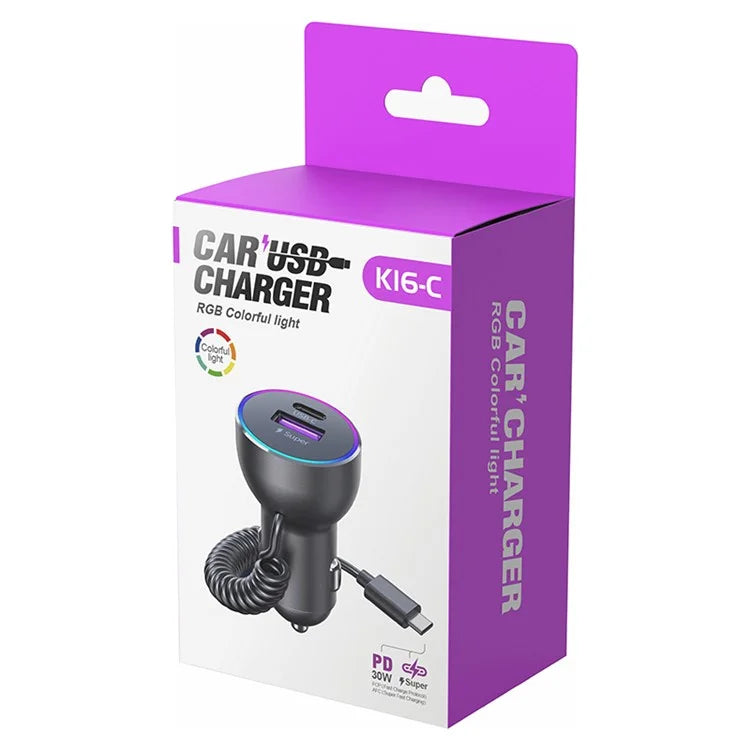 K16C Dual Ports Fast Charging Car Charger with PD 30W Type C Spring Cable