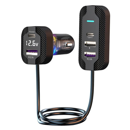 YQ7 Battery Voltage Display PD 30W Fast Charging 2 Type-C + 3 USB Car Charger with 1.5m Extension Wire