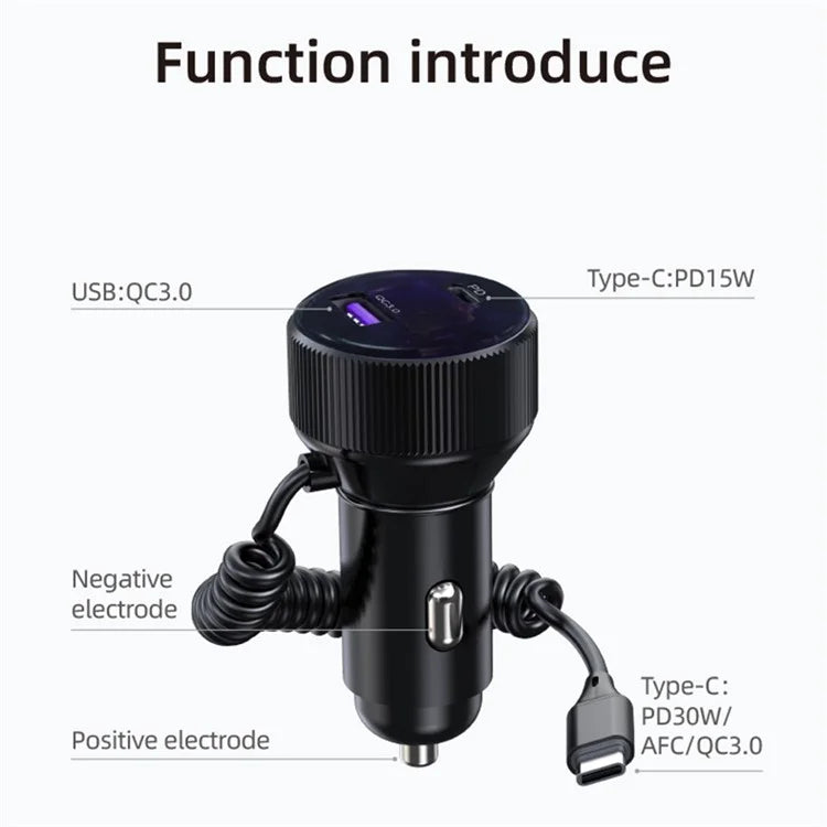 K18B 12-24V Car Charger USB+Type-C Dual Port Charging Adapter with PD 30W Type-C Spring Cable