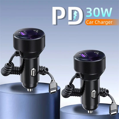 K18B 12-24V Car Charger USB+Type-C Dual Port Charging Adapter with PD 30W Type-C Spring Cable