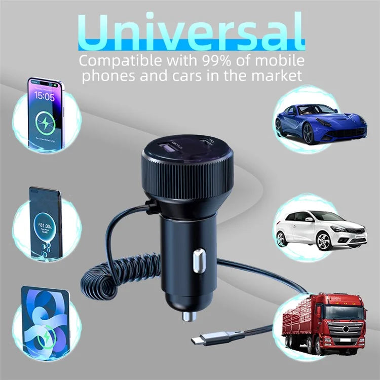 K18B 12-24V Car Charger USB+Type-C Dual Port Charging Adapter with PD 30W Type-C Spring Cable