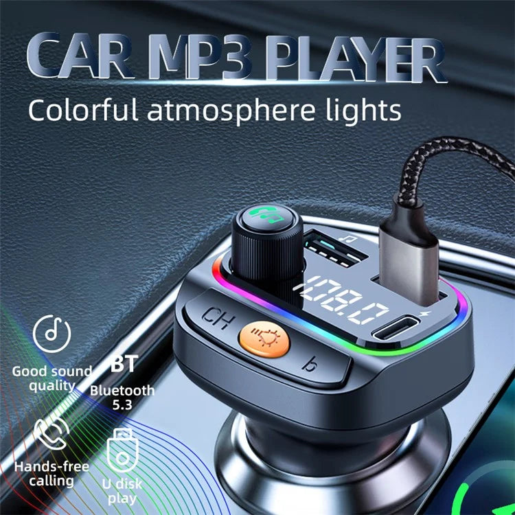 C2 Multifunctional Bluetooth MP3 Player Type-C+2 USB Car Charger with Ambient Light