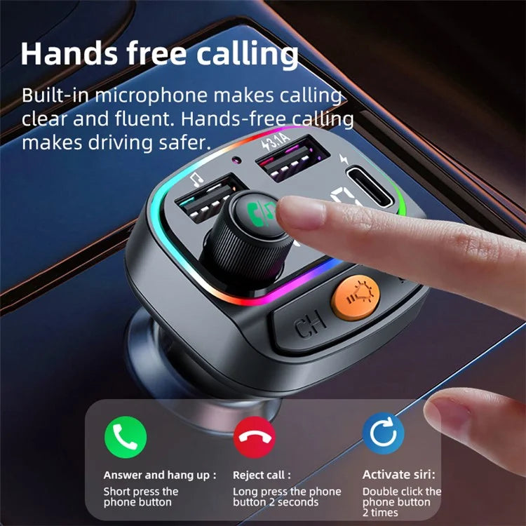 C2 Multifunctional Bluetooth MP3 Player Type-C+2 USB Car Charger with Ambient Light
