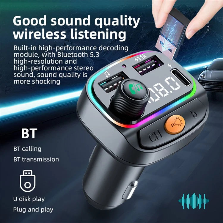 C2 Multifunctional Bluetooth MP3 Player Type-C+2 USB Car Charger with Ambient Light