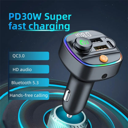 C4S Bluetooth 5.3 FM Transmitter with Digital Display for Car PD 30W+QC 3.0 Car Charger Audio MP3 Player