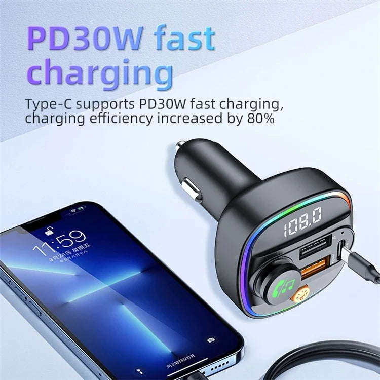 C4S Bluetooth 5.3 FM Transmitter with Digital Display for Car PD 30W+QC 3.0 Car Charger Audio MP3 Player