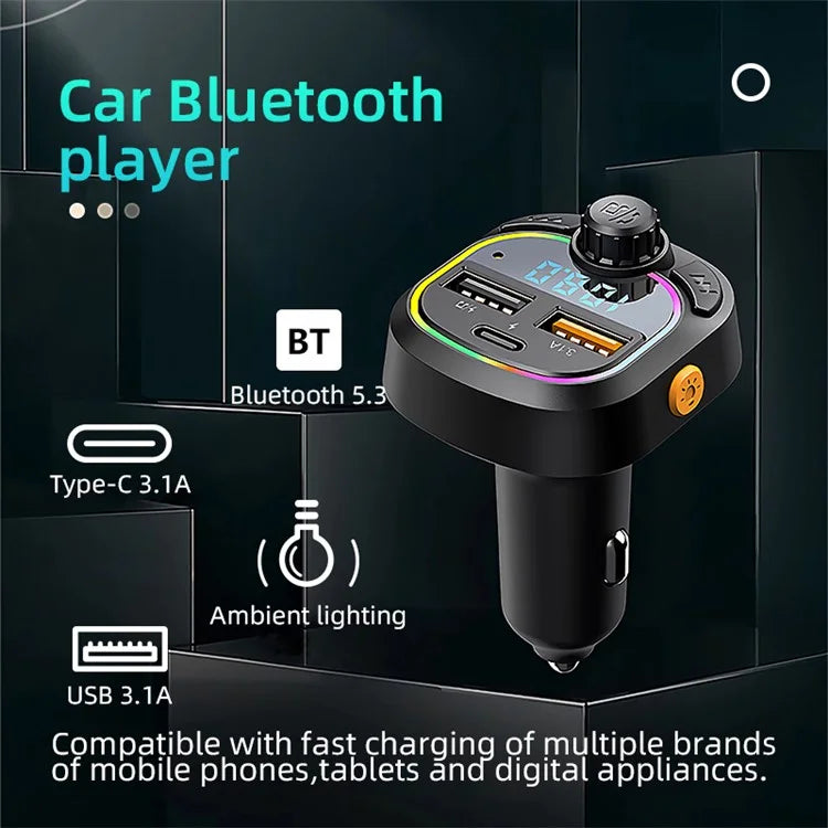 C6 Digital Display FM Car Bluetooth Transmitter Type-C+2 USB Fast Charger Audio MP3 Player