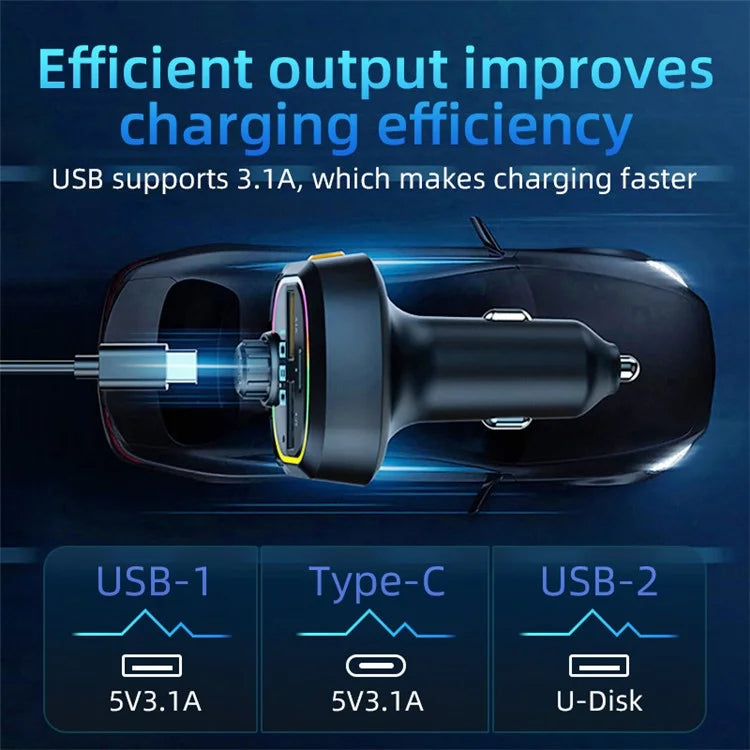 C6 Digital Display FM Car Bluetooth Transmitter Type-C+2 USB Fast Charger Audio MP3 Player