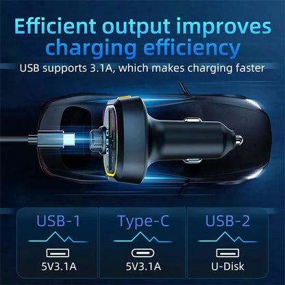 C6 Digital Display FM Car Bluetooth Transmitter Type-C+2 USB Fast Charger Audio MP3 Player