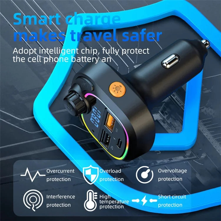 C6 Digital Display FM Car Bluetooth Transmitter Type-C+2 USB Fast Charger Audio MP3 Player