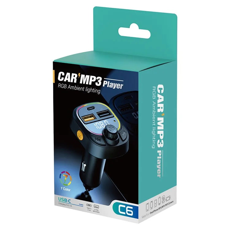 C6 Digital Display FM Car Bluetooth Transmitter Type-C+2 USB Fast Charger Audio MP3 Player