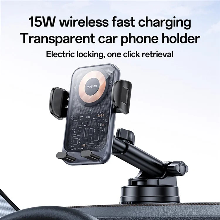 YESIDO C307 Phone Holder Stand 15W Wireless Charger Car Dashboard Suction Cup Bracket Auto Clamping
