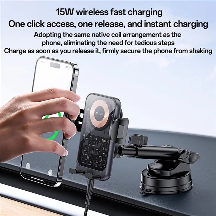 YESIDO C307 Phone Holder Stand 15W Wireless Charger Car Dashboard Suction Cup Bracket Auto Clamping