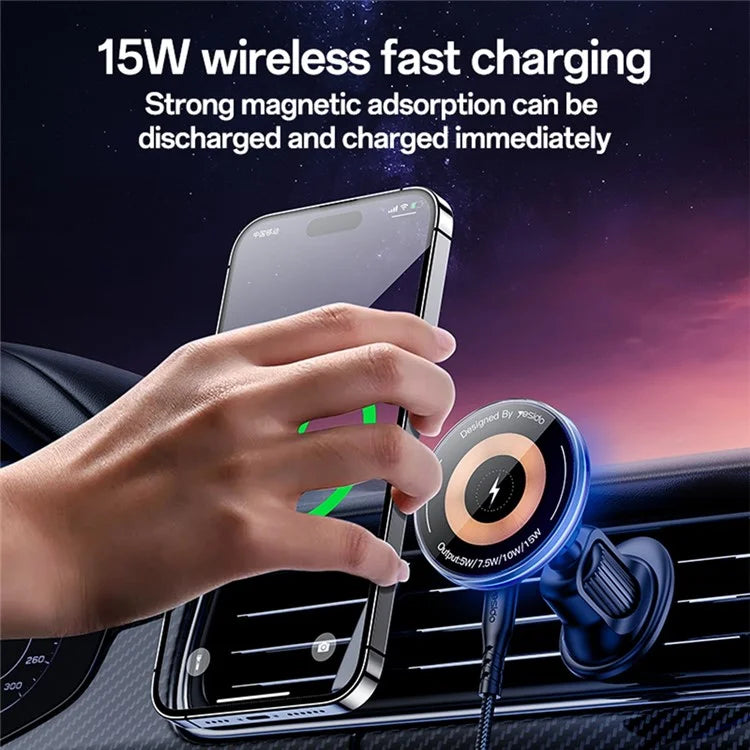 YESIDO C308 Round Phone Magnetic Holder Stand 15W Wireless Charger Car Air Outlet Bracket