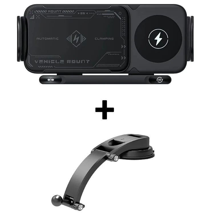 A05+X06 15W Wireless Car Charger Phone Holder Rotating Bracket + Bend Arm Suction Cup Base