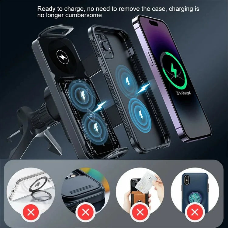 A05+X02 15W Wireless Car Charger Phone Holder Rotating Bracket + V-Shape Air Outlet Hook Base