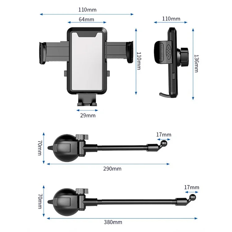 L005L+M002 38cm Long Arm Car Suction Cup Base 360 Degree Ball Head Phone Holder Bracket