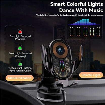 ESSAGER Music Pickup Lighting Car Phone Holder Wireless Charger with Hook+Suction Cup Bottom