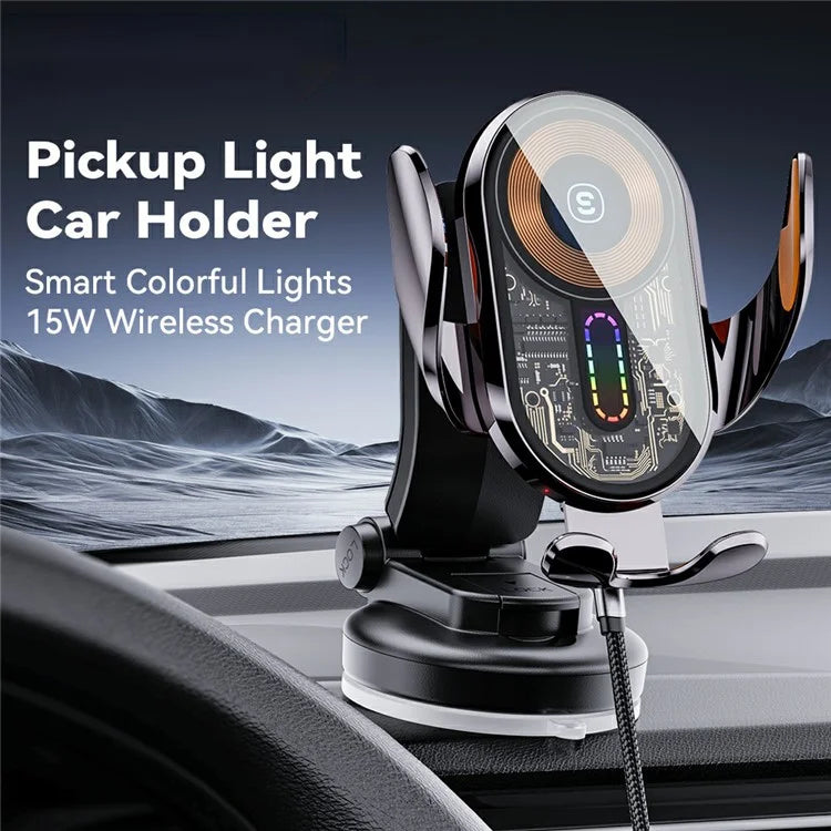 ESSAGER Music Pickup Lighting Car Phone Holder Wireless Charger with Hook+Suction Cup Bottom
