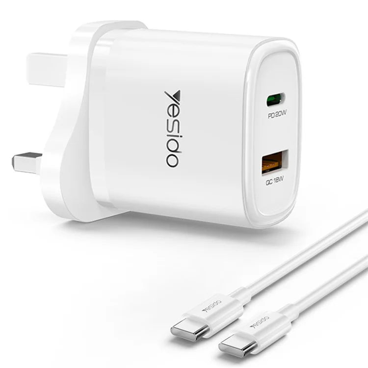 YESIDO YC49 Wall Charger UK Plug 20W USB+Type-C Charging Adapter with Type-C Cable