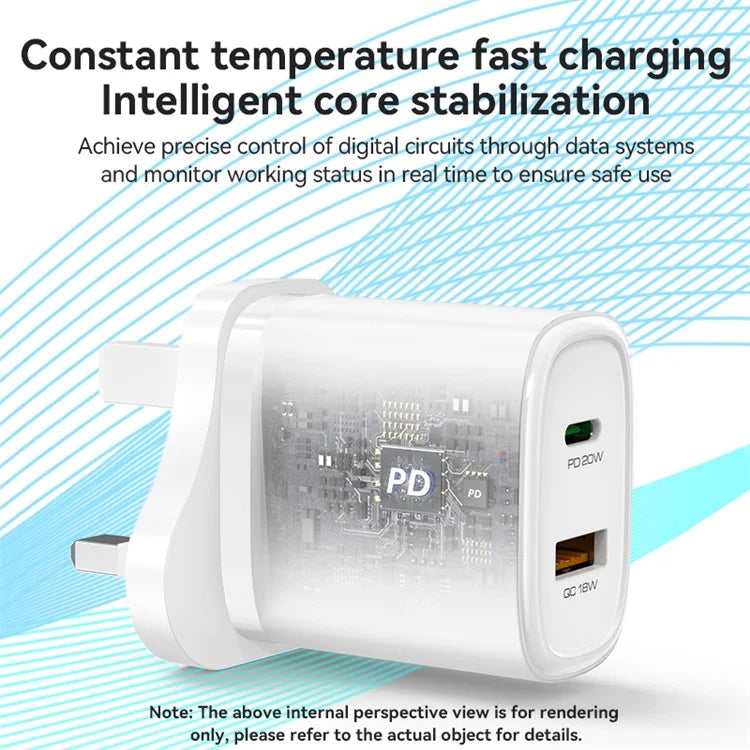 YESIDO YC49 Wall Charger UK Plug 20W USB+Type-C Charging Adapter with Type-C Cable