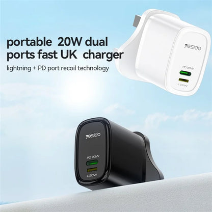 YESIDO YC43 20W Wall Charger Type-C + 8-Pin Phone Charging Adapter with Cable, UK Plug