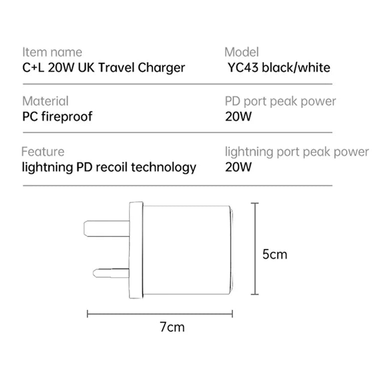 YESIDO YC43 20W Wall Charger Type-C + 8-Pin Phone Charging Adapter with Cable, UK Plug