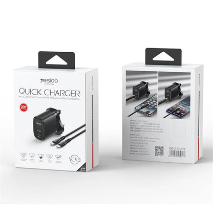 YESIDO YC43 20W Wall Charger Type-C + 8-Pin Phone Charging Adapter with Cable, UK Plug