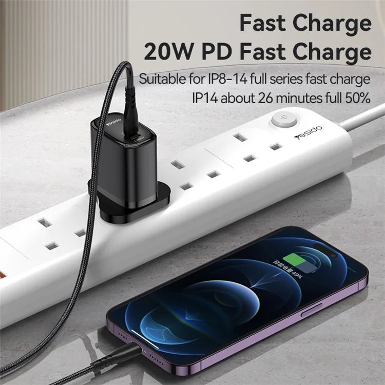 YESIDO YC43 20W Wall Charger Type-C + 8-Pin Phone Charging Adapter with Cable, UK Plug