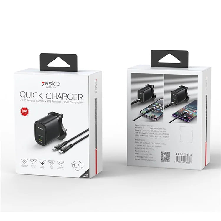 YESIDO YC43 20W Wall Charger Type-C + 8-Pin Phone Charging Adapter with Cable, UK Plug