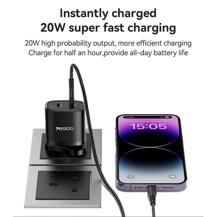 YESIDO YC55 20W Wall Charger UK Plug Charging Adapter with Type-C Cable