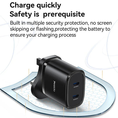 YESIDO YC55 20W Wall Charger UK Plug Charging Adapter with Type-C Cable