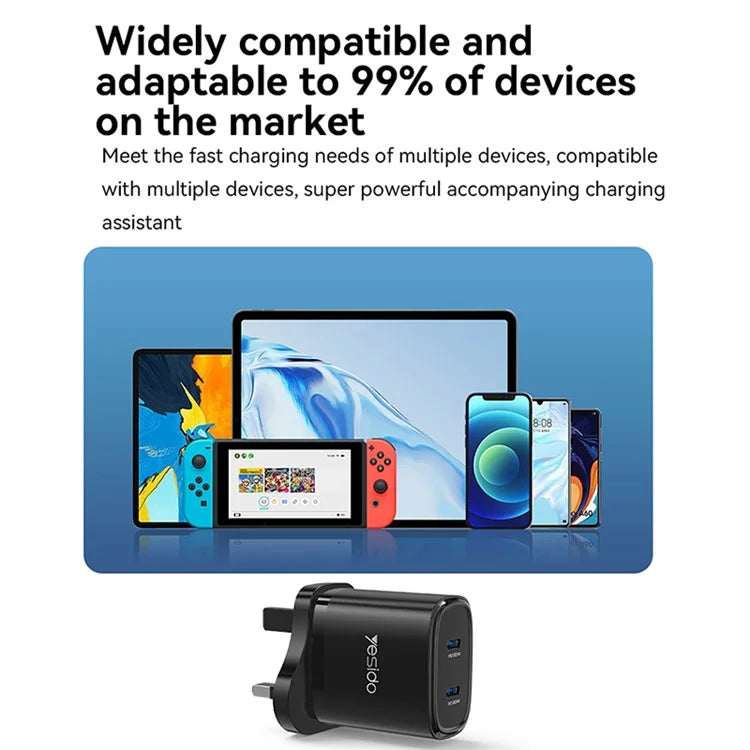 YESIDO YC55 20W Wall Charger UK Plug Charging Adapter with Type-C Cable