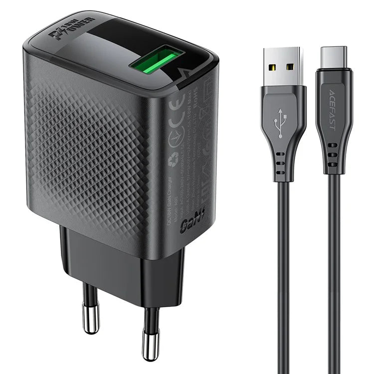 ACEFAST A90 GaN Wall Charger QC 18W Single USB-A Power Adapter with Type-C Cable