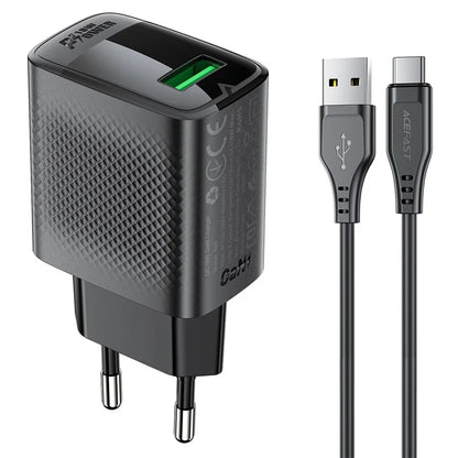 ACEFAST A90 GaN Wall Charger QC 18W Single USB-A Power Adapter with Type-C Cable