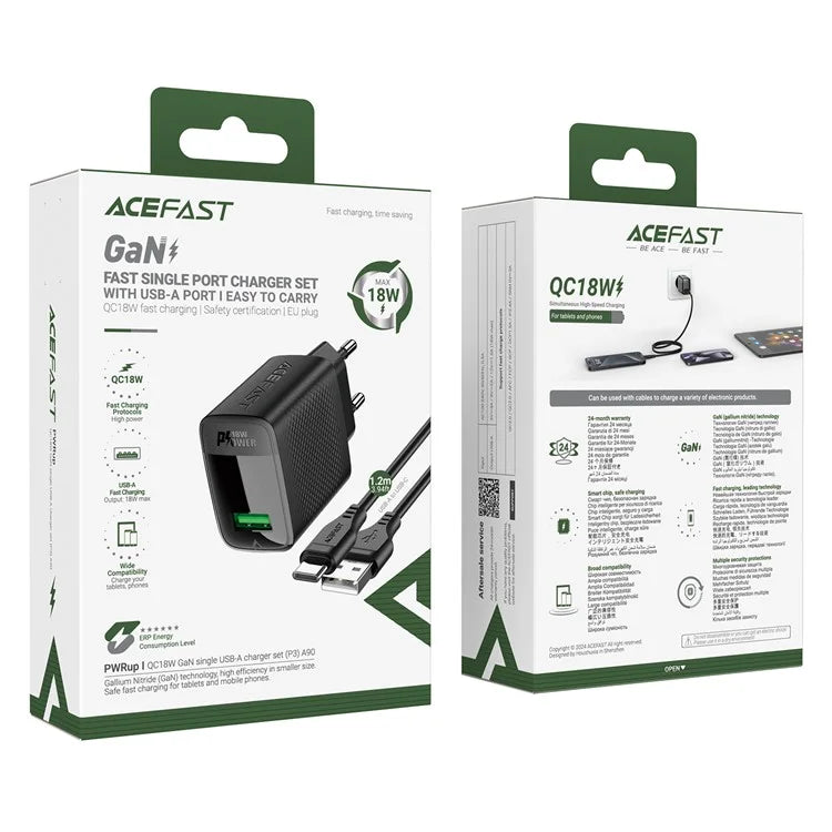 ACEFAST A90 GaN Wall Charger QC 18W Single USB-A Power Adapter with Type-C Cable