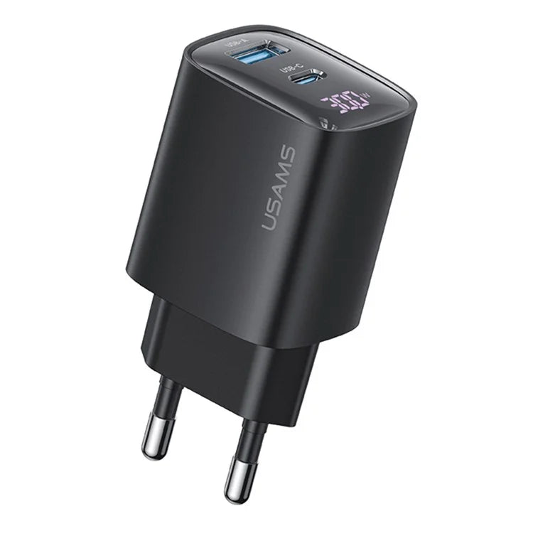 USAMS CC229 30W GaN Adapter USB-C+USB-C Dual Port Charger Block Real-Time Digital Display, EU Plug
