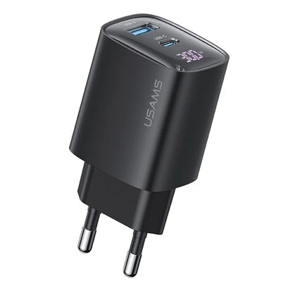 USAMS CC229 30W GaN Adapter USB-C+USB-C Dual Port Charger Block Real-Time Digital Display, EU Plug