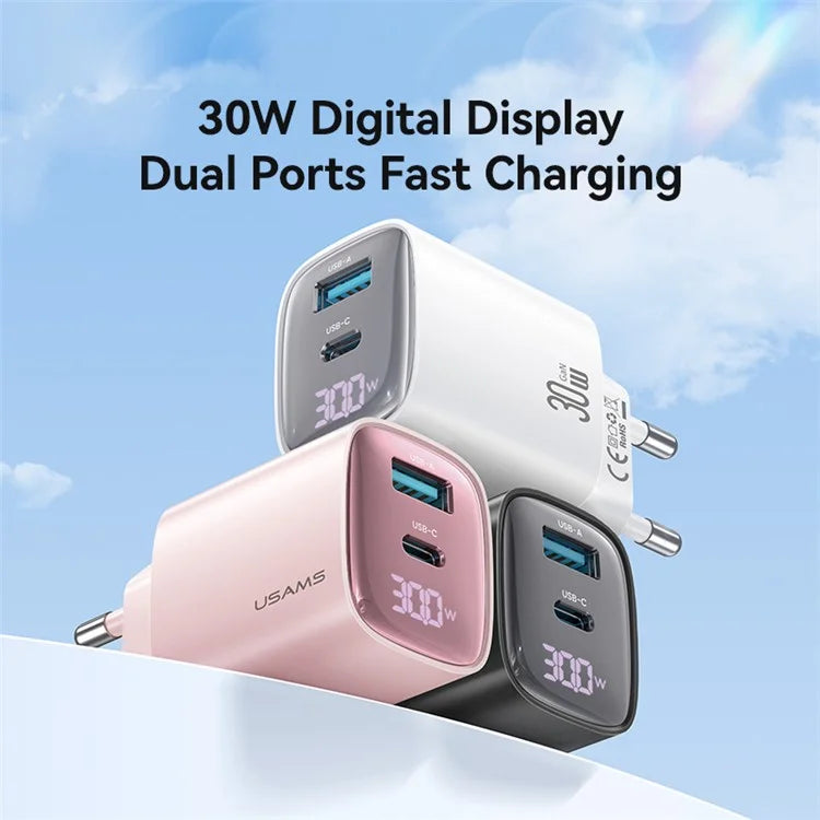USAMS CC229 30W GaN Adapter USB-C+USB-C Dual Port Charger Block Real-Time Digital Display, EU Plug